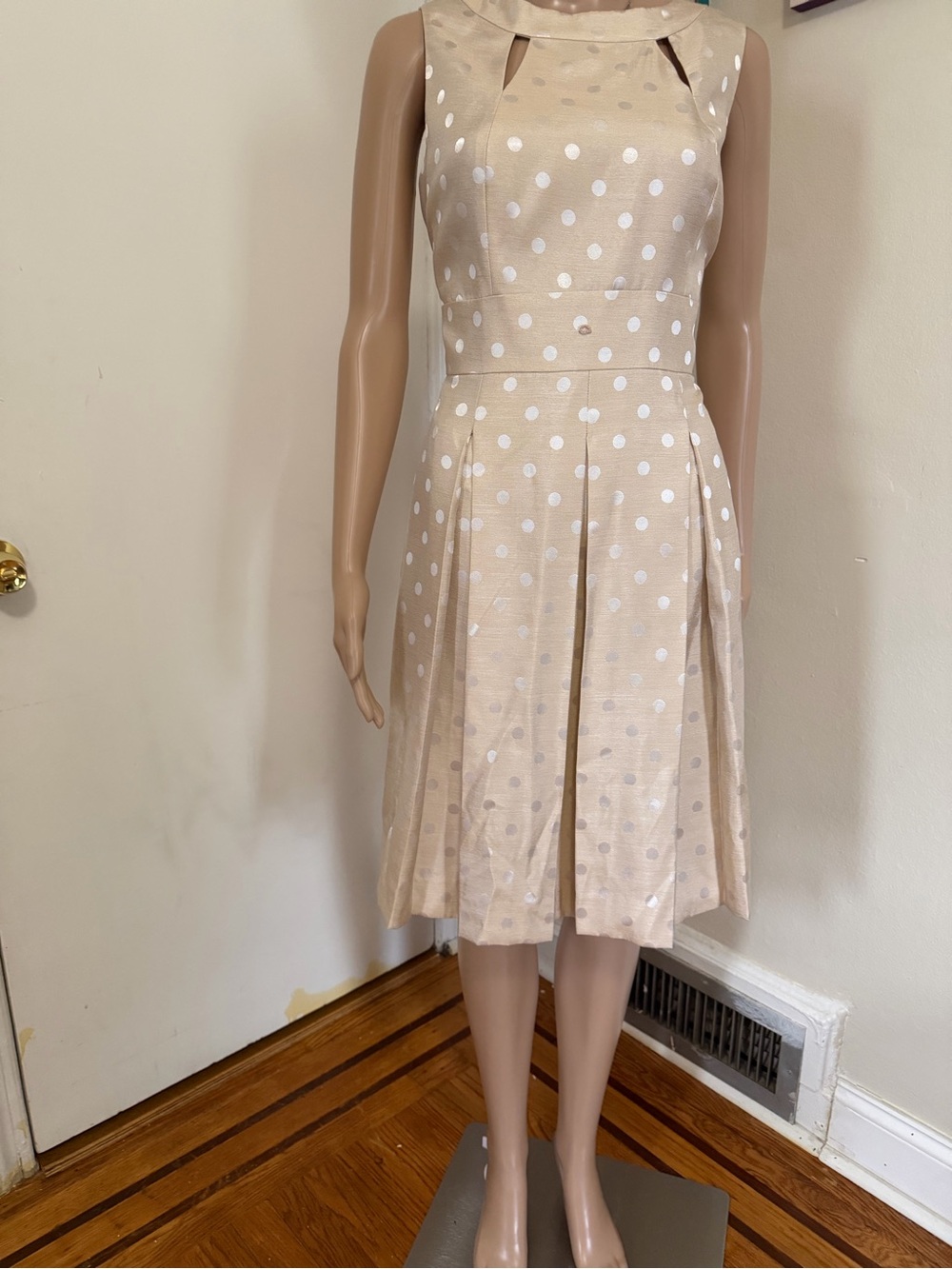 Beige Polka Dot Sleeveless Midi Dress